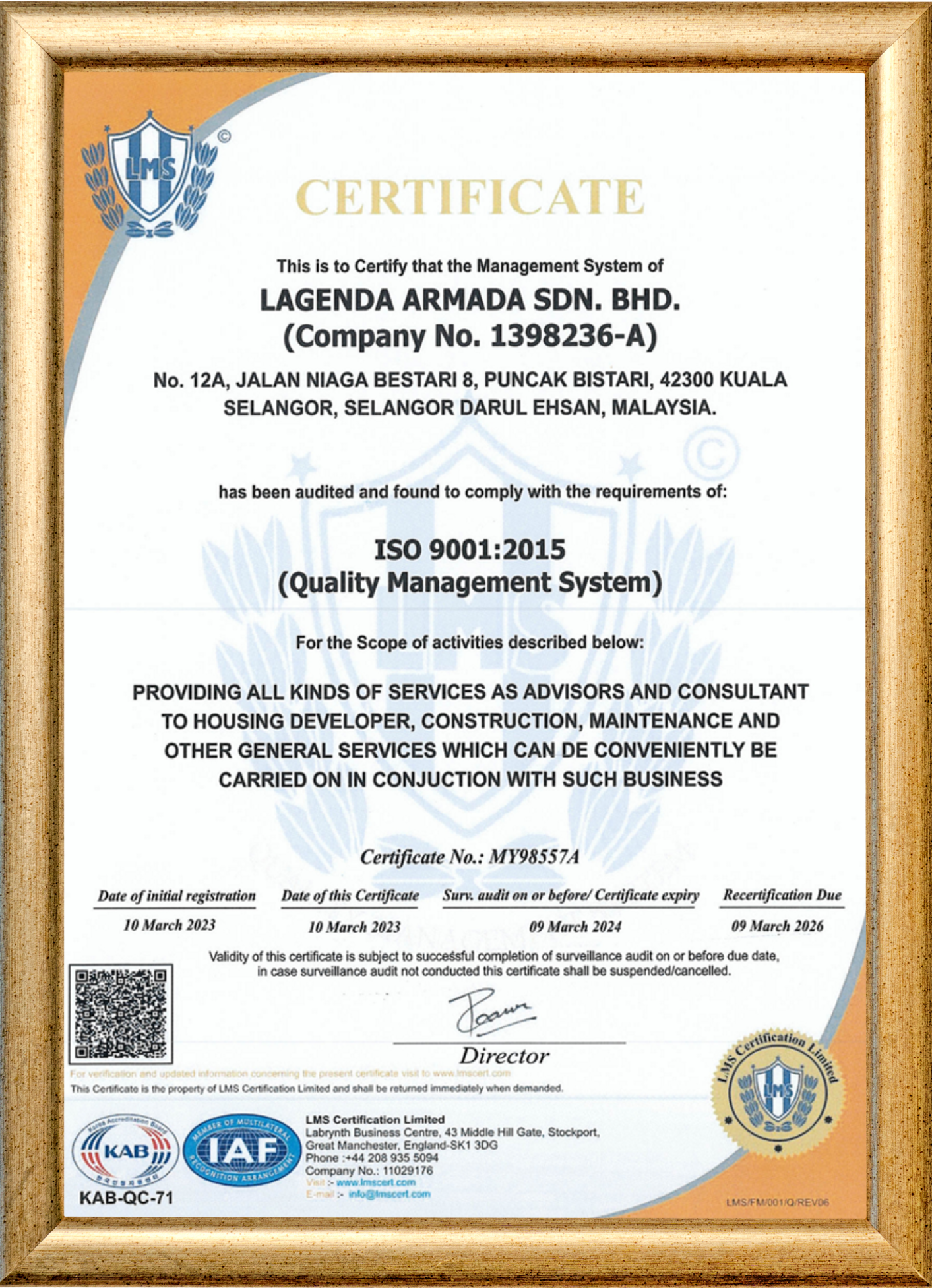 Sijil Pengiktirafan ISO 9001:2015 (Quality Management System) Lagenda Armada Sdn. Bhd.